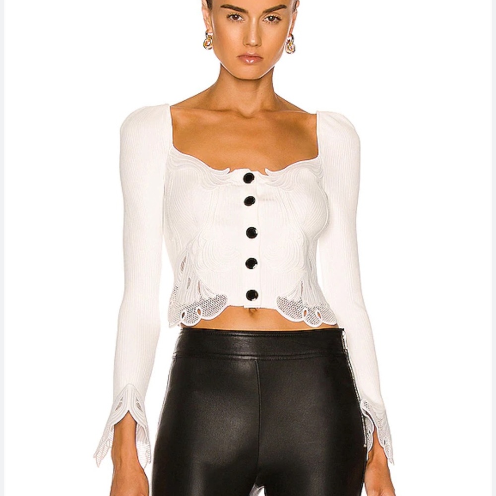 SELF-PORTRAIT Inserted Lace Ribbed Knit Cardigan Top